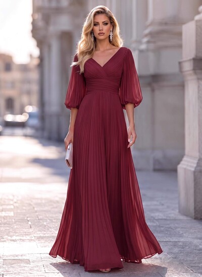 A-Line V-Neck Long Sleeves Floor-Length Chiffon Evening Dresses With Pleated