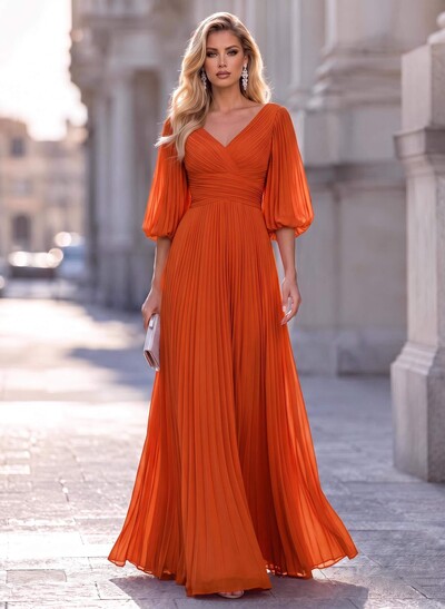 A-Line V-Neck Long Sleeves Floor-Length Chiffon Bridesmaid Dresses With Pleated