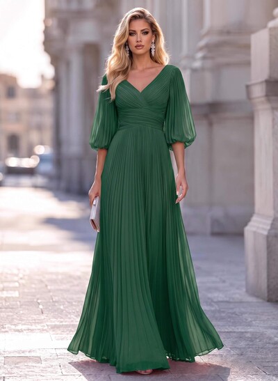 A-Line V-Neck Long Sleeves Floor-Length Chiffon Bridesmaid Dresses With Pleated