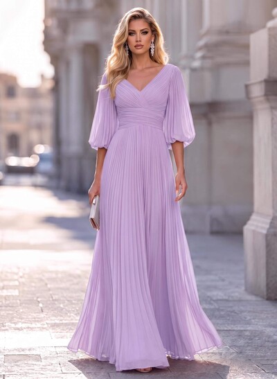 A-Line V-Neck Long Sleeves Floor-Length Chiffon Bridesmaid Dresses With Pleated