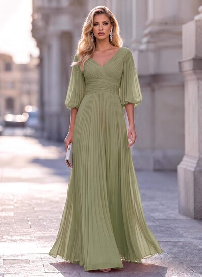 A-Line V-Neck Long Sleeves Floor-Length Chiffon Evening Dresses With Pleated