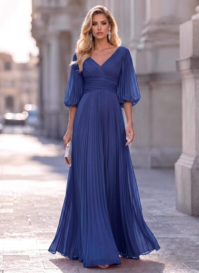 A-Line V-Neck Long Sleeves Floor-Length Chiffon Evening Dresses With Pleated