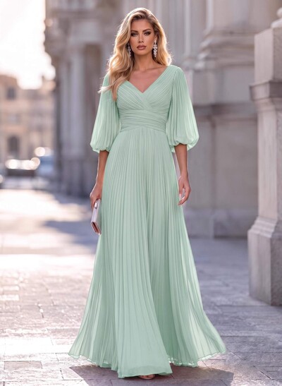 A-Line V-Neck Long Sleeves Floor-Length Chiffon Bridesmaid Dresses With Pleated