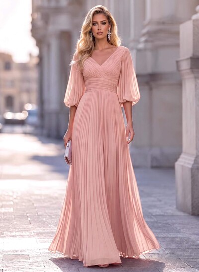A-Line V-Neck Long Sleeve Floor-Length Chiffon Bridesmaid Dresses With Pleats