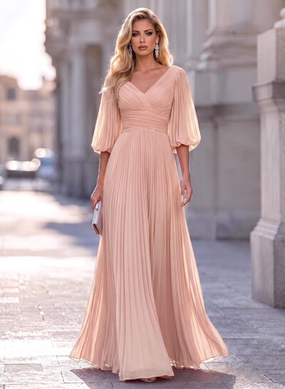 A-Line V-Neck Long Sleeves Floor-Length Chiffon Evening Dresses With Pleated