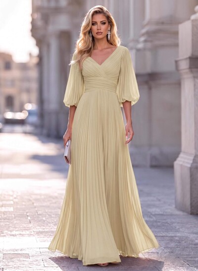 A-Line V-Neck Long Sleeves Floor-Length Chiffon Evening Dresses With Pleated