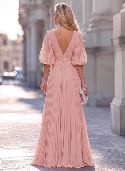 A-Line V-Neck Long Sleeve Floor-Length Chiffon Bridesmaid Dresses With Pleats