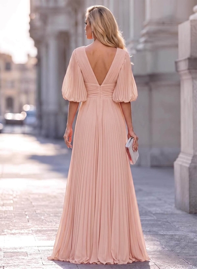 A-Line V-Neck Long Sleeves Floor-Length Chiffon Evening Dresses With Pleated