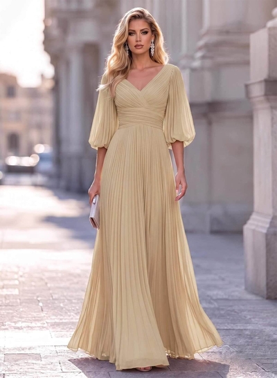 A-Line V-Neck Long Sleeves Floor-Length Chiffon Evening Dresses With Pleated