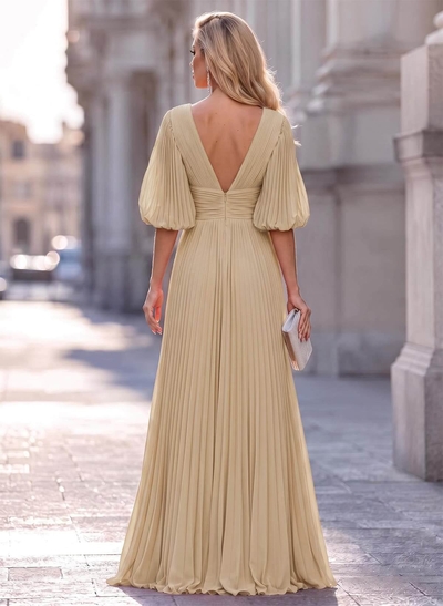 A-Line V-Neck Long Sleeves Floor-Length Chiffon Evening Dresses With Pleated