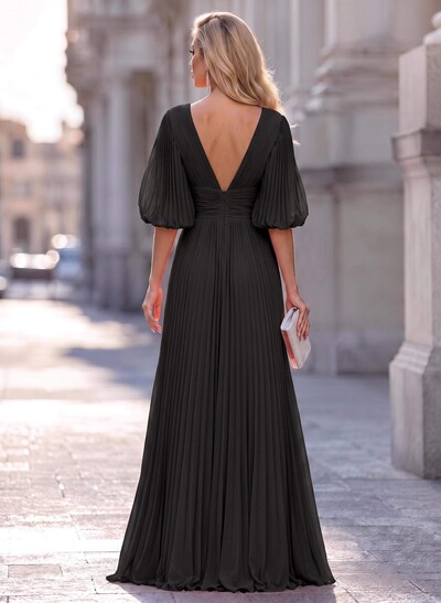 A-Line V-Neck Long Sleeves Floor-Length Chiffon Evening Dresses With Pleated