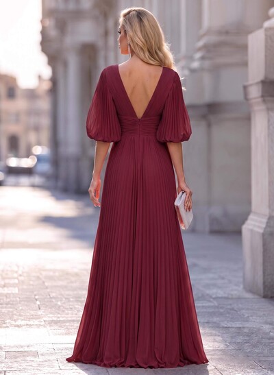 A-Line V-Neck Long Sleeves Floor-Length Chiffon Evening Dresses With Pleated