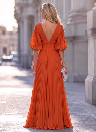 A-Line V-Neck Long Sleeves Floor-Length Chiffon Bridesmaid Dresses With Pleated