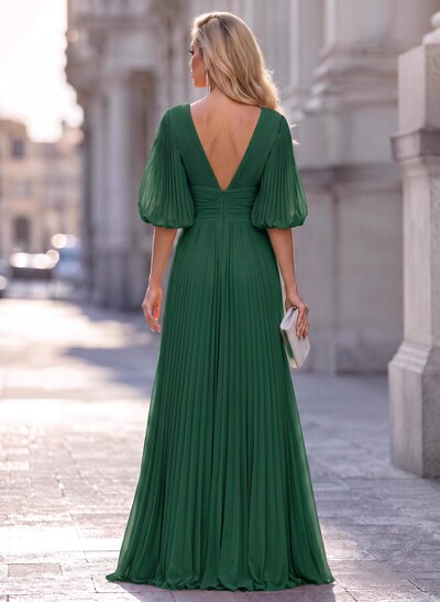 A-Line V-Neck Long Sleeves Floor-Length Chiffon Bridesmaid Dresses With Pleated