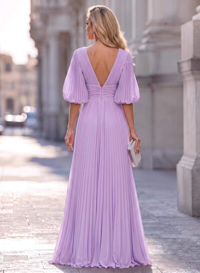 A-Line V-Neck Long Sleeves Floor-Length Chiffon Bridesmaid Dresses With Pleated
