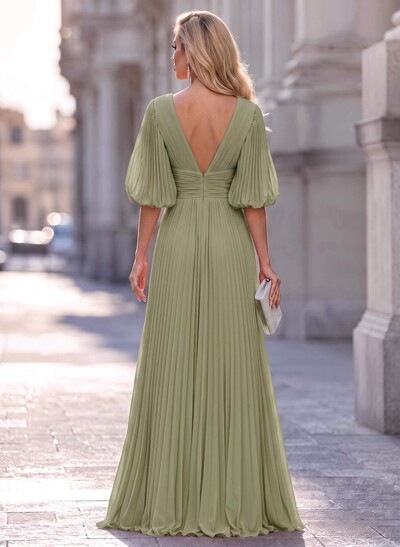 A-Line V-Neck Long Sleeves Floor-Length Chiffon Evening Dresses With Pleated