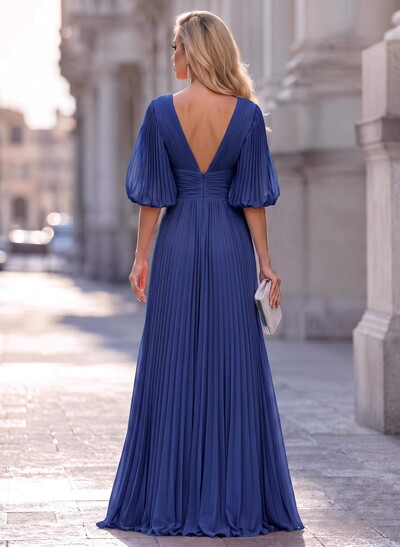 A-Line V-Neck Long Sleeves Floor-Length Chiffon Evening Dresses With Pleated