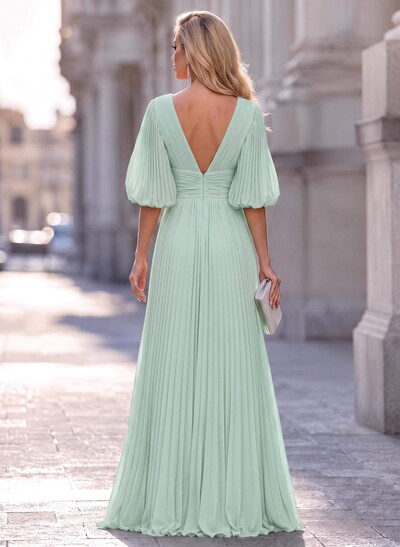 A-Line V-Neck Long Sleeves Floor-Length Chiffon Bridesmaid Dresses With Pleated