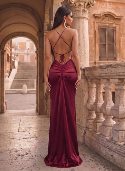 Sheath/Column Cowl Neck Sleeveless Floor-Length Silk Like Satin Evening Dresses With Split Front