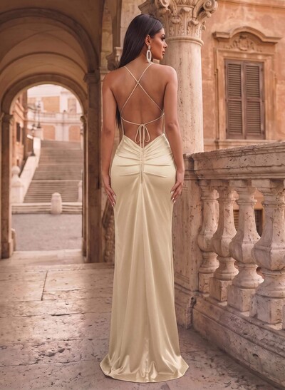 Sheath/Column Cowl Neck Sleeveless Floor-Length Silk Like Satin Evening Dresses With Split Front