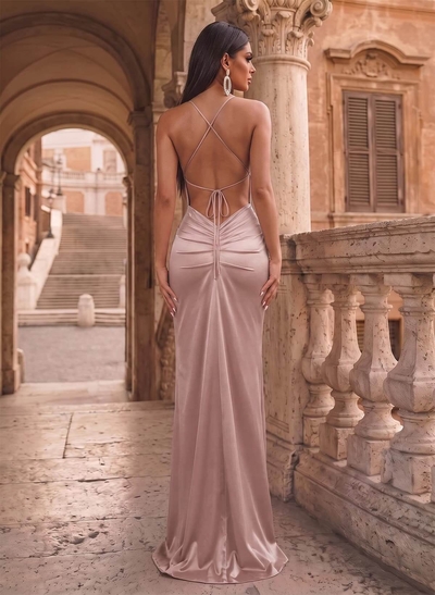 Sheath/Column Cowl Neck Sleeveless Floor-Length Silk-Like Satin Evening Dress With Front Slit