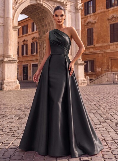 Sheath/Column One-Shoulder Sleeveless Floor-Length Satin Evening Dresses With Overskirt Dress