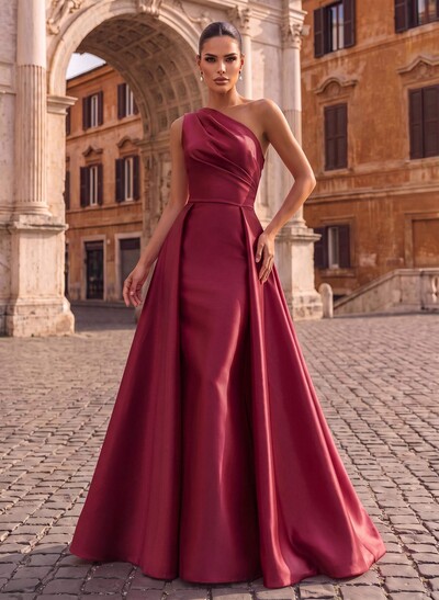 Sheath/Column One-Shoulder Sleeveless Floor-Length Satin Evening Dresses With Overskirt Dress