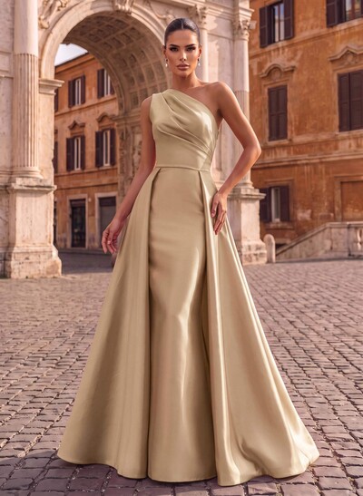 Sheath/Column One-Shoulder Sleeveless Floor-Length Satin Evening Dresses With Overskirt Dress