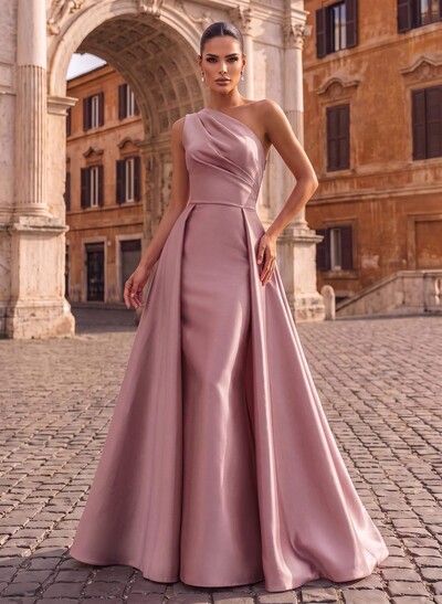 Sheath/Column One-Shoulder Sleeveless Floor-Length Satin Evening Dresses With Overskirt Dress