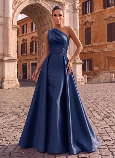 Sheath/Column One-Shoulder Sleeveless Floor-Length Satin Evening Dresses With Overskirt Dress