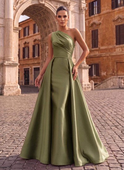 Sheath One-Shoulder Sleeveless Floor-Length Satin Formal Dress With Overskirt