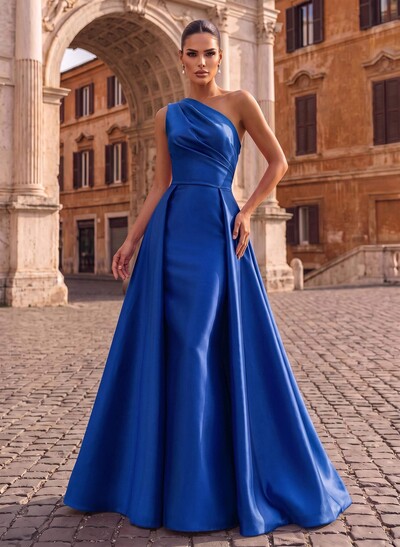 Sheath/Column One-Shoulder Sleeveless Floor-Length Satin Evening Dresses With Overskirt Dress