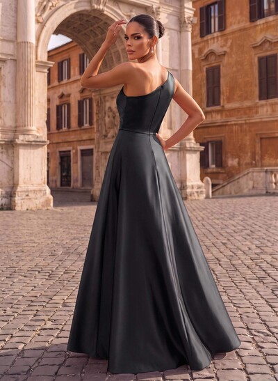Sheath/Column One-Shoulder Sleeveless Floor-Length Satin Evening Dresses With Overskirt Dress