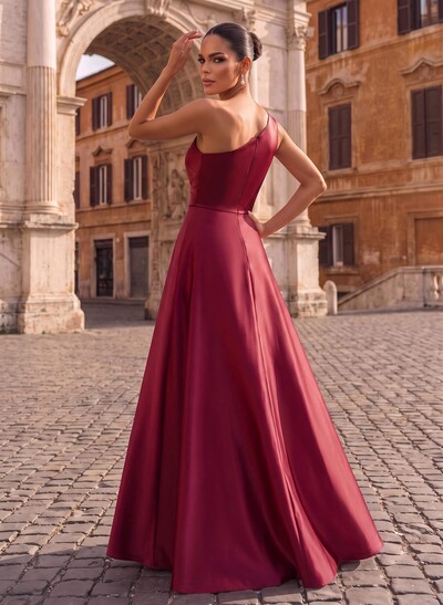 Sheath/Column One-Shoulder Sleeveless Floor-Length Satin Evening Dresses With Overskirt Dress