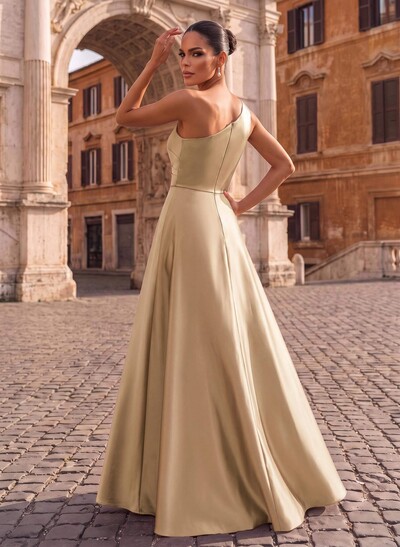Sheath/Column One-Shoulder Sleeveless Floor-Length Satin Evening Dresses With Overskirt Dress