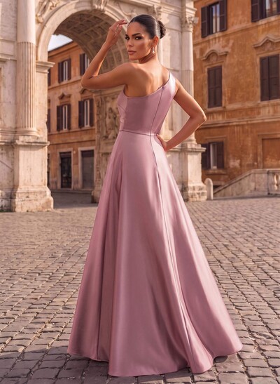 Sheath/Column One-Shoulder Sleeveless Floor-Length Satin Evening Dresses With Overskirt Dress