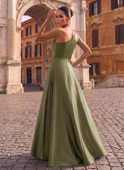 Sheath One-Shoulder Sleeveless Floor-Length Satin Formal Dress With Overskirt