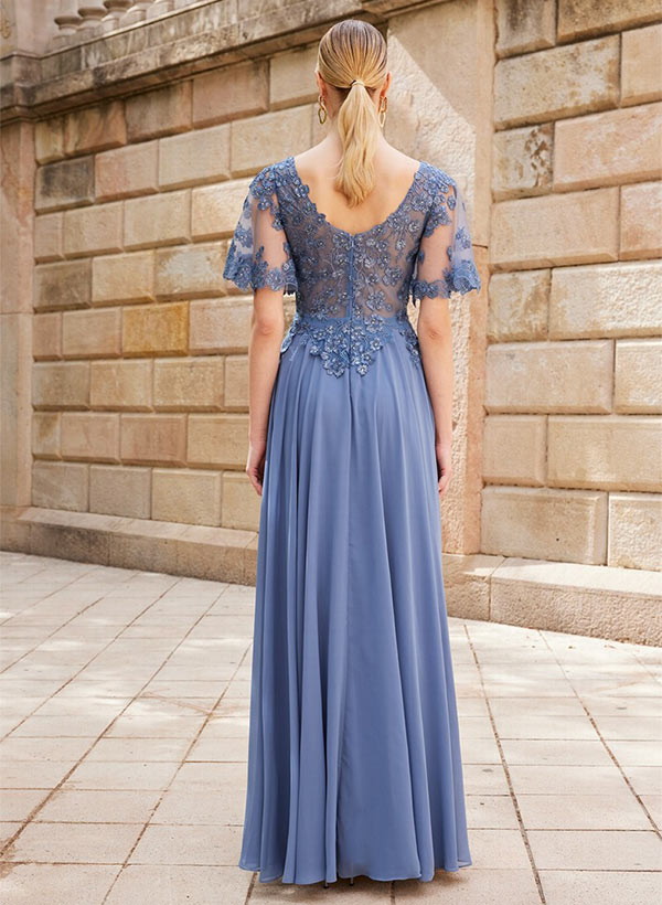 A-Line V-Neck Short Sleeves Floor-Length Chiffon Mother Of The Bride Dresses With Lace