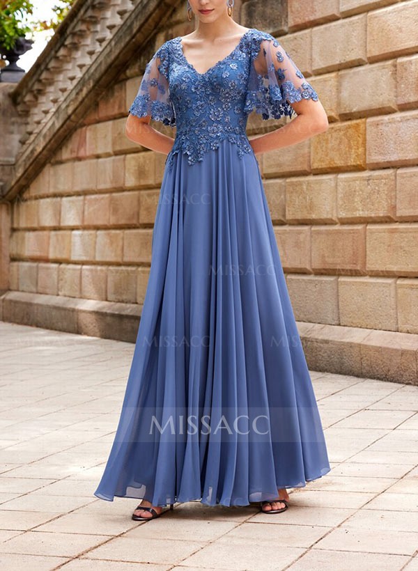 A-Line V-Neck Short Sleeves Floor-Length Chiffon Mother Of The Bride Dresses With Lace