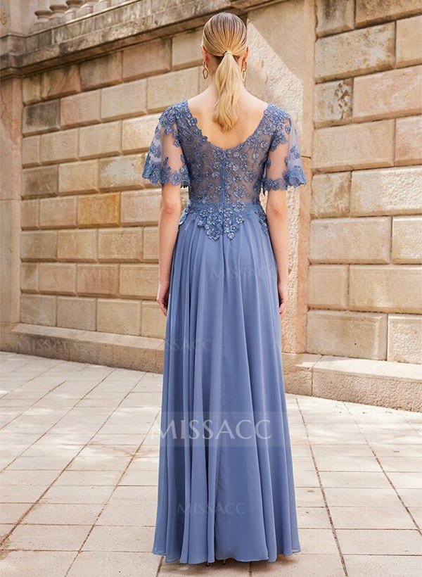 A-Line V-Neck Short Sleeves Floor-Length Chiffon Mother Of The Bride Dresses With Lace