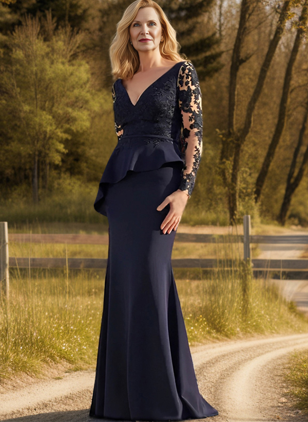 Sheath/Column V-Neck Long Sleeves Floor-Length Mother Of The Bride Dresses With Lace