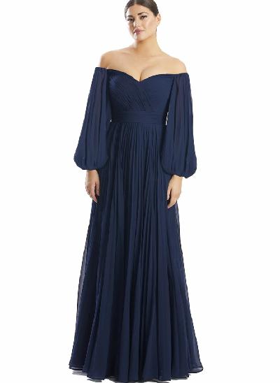 Long Sleeves Pleated Off-The-Shoulder Mother Of The Bride Dresses