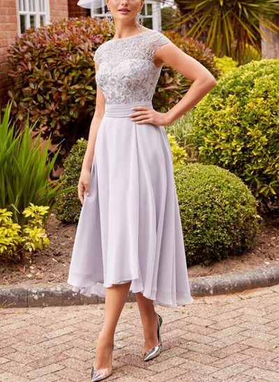 A-Line Illusion Neck Sleeveless Tea-Length Chiffon Mother Of The Bride Dresses With Lace