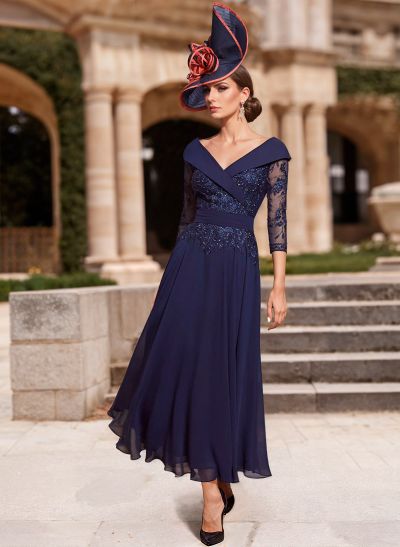 A-Line V-Neck 3/4 Sleeves Tea-Length Chiffon Mother Of The Bride Dresses With Lace