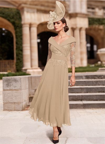 A-Line V-Neck 3/4 Sleeves Chiffon Mother Of The Bride Dresses With Lace