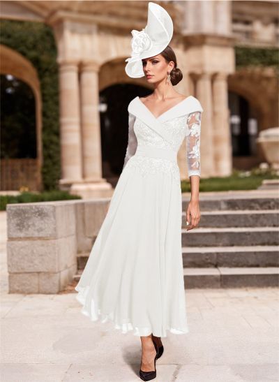 A-Line V-Neck 3/4 Sleeves Chiffon Mother Of The Bride Dresses With Lace