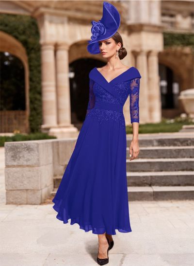 A-Line V-Neck 3/4 Sleeves Chiffon Mother Of The Bride Dresses With Lace