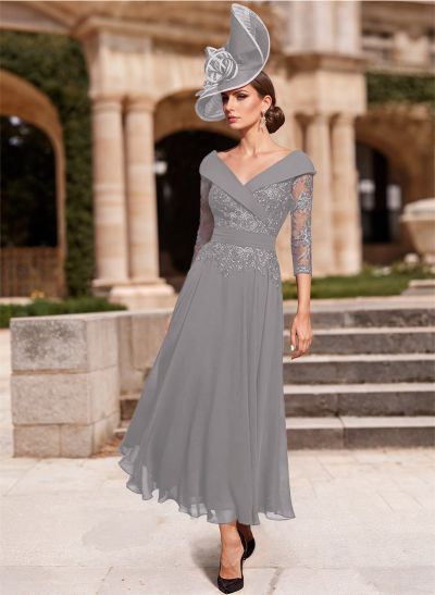 A-Line V-Neck 3/4 Sleeves Chiffon Mother Of The Bride Dresses With Lace