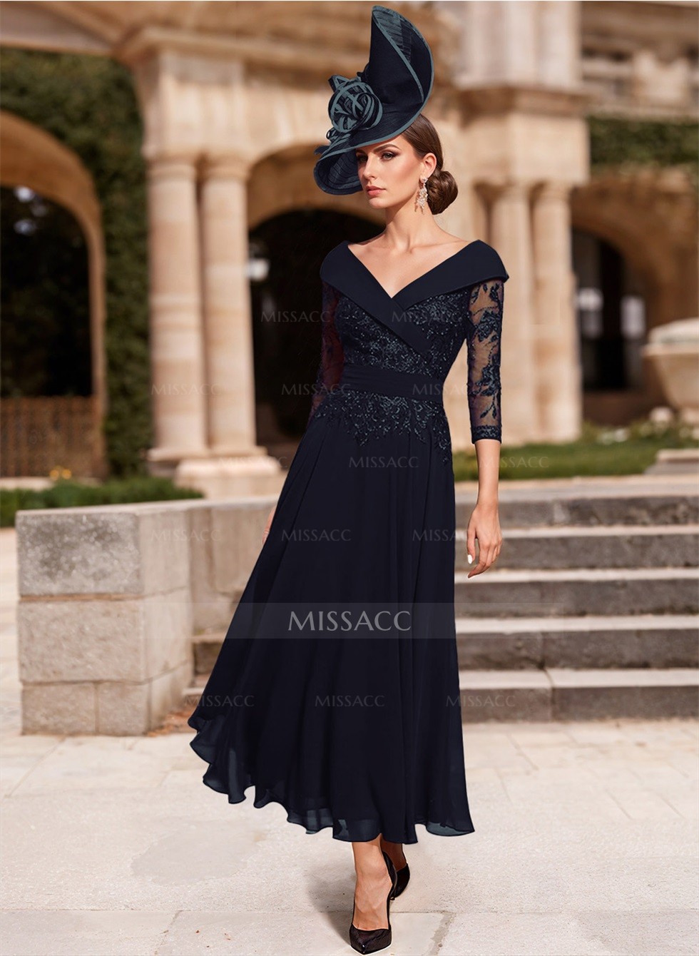 [Bride And You] MICHAEL ribbon tie chiffon long dress 送料込 Floral Embroidery Bead Chiffon A-line Long Dress Waist Band