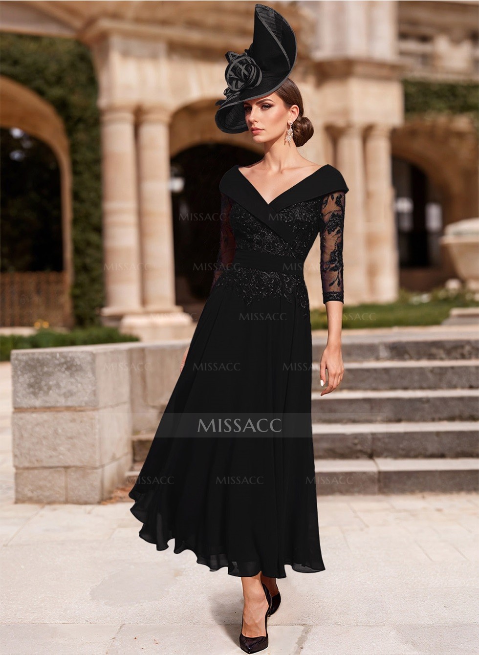Ebony Deep V Illusion Dress | Tadashi Shoji